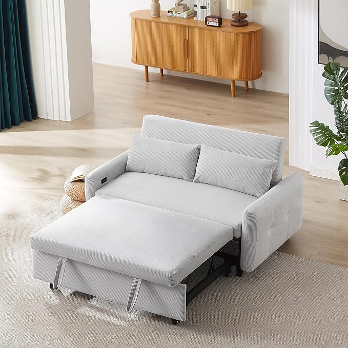 Merax Pull-Out Sofa Bed with Adjustable Backrest and Two Throw Pillows, 2 Seat Loveseat Lounge & Type C and USB Ports, 3 in 1 Convertible Sleeper Couch for Living Room, Light Blue
