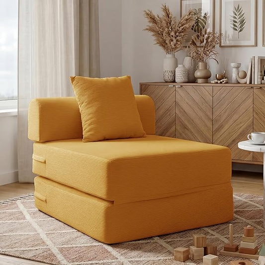 31.5'' Convertible Compressed Corduroy Folding Cloud Sofa Bed, Modern Boneless Pull Out Sleeper Sofa Couch in a Box, 3 in 1 Portable Lazy Floor Lounge Chair, for Small Space, Yellow, Pillow, Single