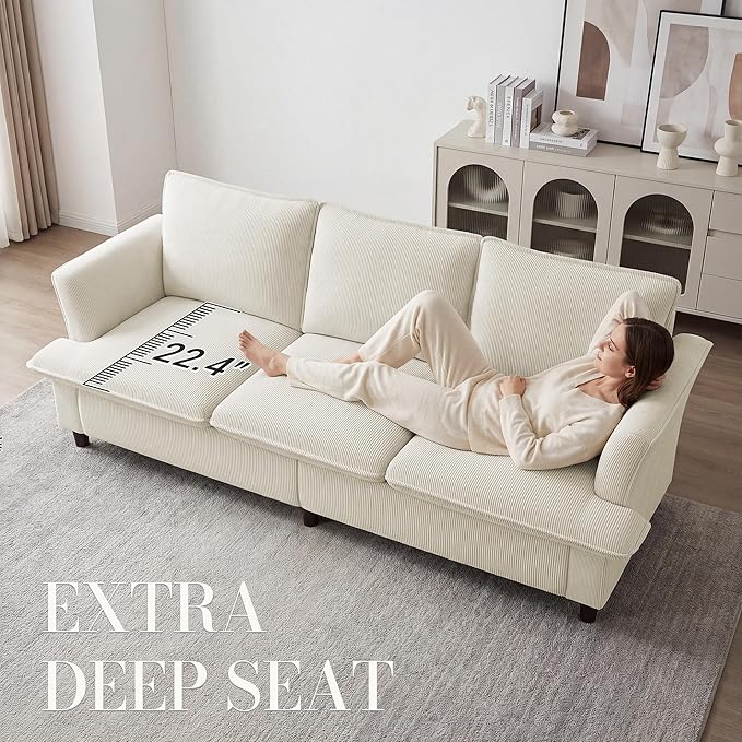 3 Seater Corduroy Couch, 89" Comfy Couch with Deep Seat, Modern Sofa Couch for Living Room, Office, Bedroom, Apartment (Pillows not Included) | Breathable material, Pet - friendly, Strong support