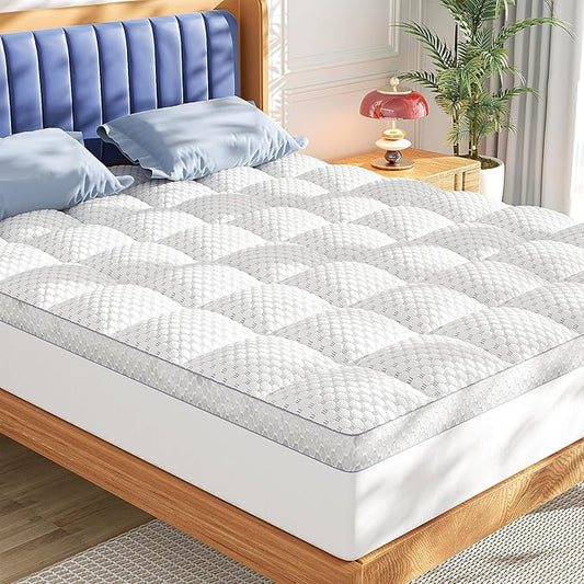 BEDELITE Queen Mattress Topper 3 Inch Thick Mattress Pad, Plush Pillow Top Bed Cover with Elastic Deep Pockets Up to 6-24 Inch for Pressure Relief, Shredded Memory Foam Filling (White)