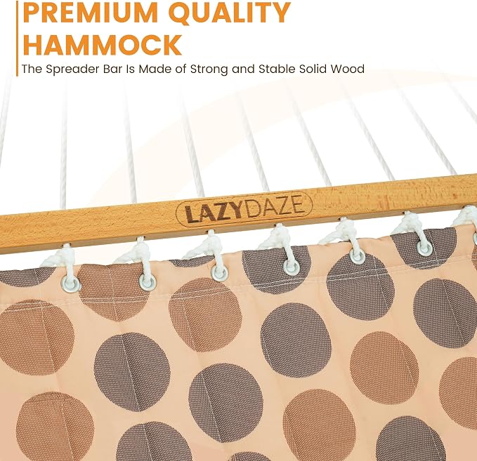 Lazy Daze Hammocks 12FT Quilted Fabric Hammock with Soft Pillow, Double 2 Person Tree Hammock with Spreader Bar for Outside Patio Poolside Backyard Beach, 450 lbs Capacity, Amber Dots - Image 4
