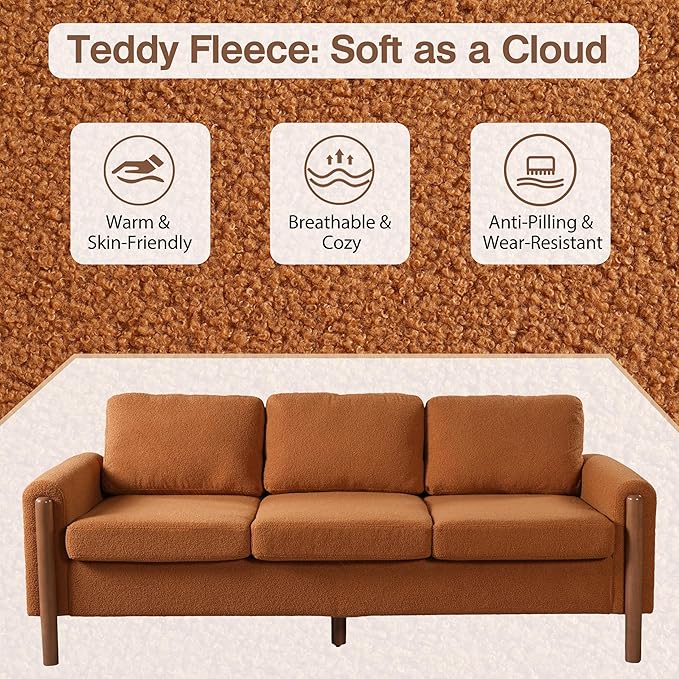 Christopher Knight Home Yadil Teddy Fleece Upholstered 3 Seater Sofa Couch, Wooden Home Sofa Living Room, Comfy Cloud Couch for Bedroom, Home Office, Orange