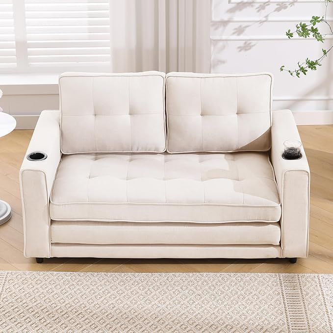 ERYE Foldable Loveseat Sofa Convertible Pull Out Sleeper Sofabed,2 Seat Tufted Upholstered Sofa Modern Convertible Sleeper Couch Bed with Cupholders and Side Pockets
