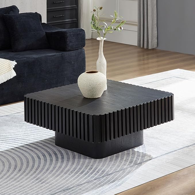 WILLIAMSPACE 31.5" Square Coffee Table with Sturdy Base, Modern Luxury Wood Drum Center Table Accent End Side Table for Living Room, Minimalist Fluted Design, Black