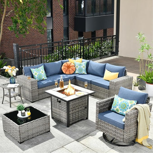 HOOOWOOO 9 Piece Modular Patio Outdoor Sectional Furniture Set with Gas Propane Fire Pit Table,Wicker Conversation Sofa Set with Swivel Chairs,Outside Couch Set(Denim Blue)