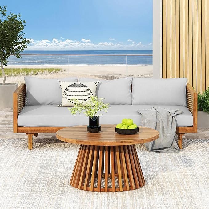 Christopher Knight Home Claremont Patio Sofa and Coffee Table Set, 2 Piece Wicker Patio Furniture Set, Acacia Wood 3 Seater Outdoor Sofa Daybed and Coffee Table Set, Teak+Light Grey