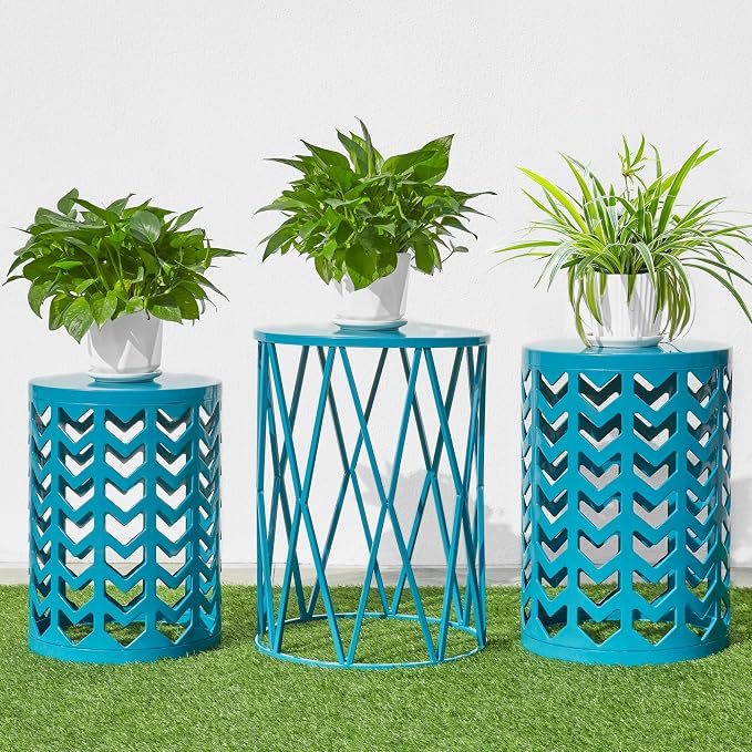 Y&M Set of 3 Nesting Metal Round Coffee Table, Side Table End Table for Indoor Outdoor Multifunctional Use,Heavy Duty Metal Plant Stand Decorative Garden Stool- Blue(Ship from US) by YM