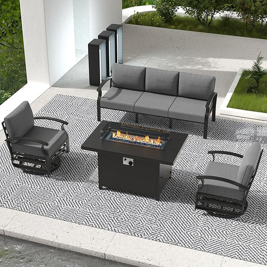 Aluminum Outdoor Patio Furniture Set,4 Pieces 5 Seats Patio Conversation Sets with 45" Propane Fire Pit Table,Metal Patio Sectional Furniture Set with 2 Swivel Rocking Chairs,Grey