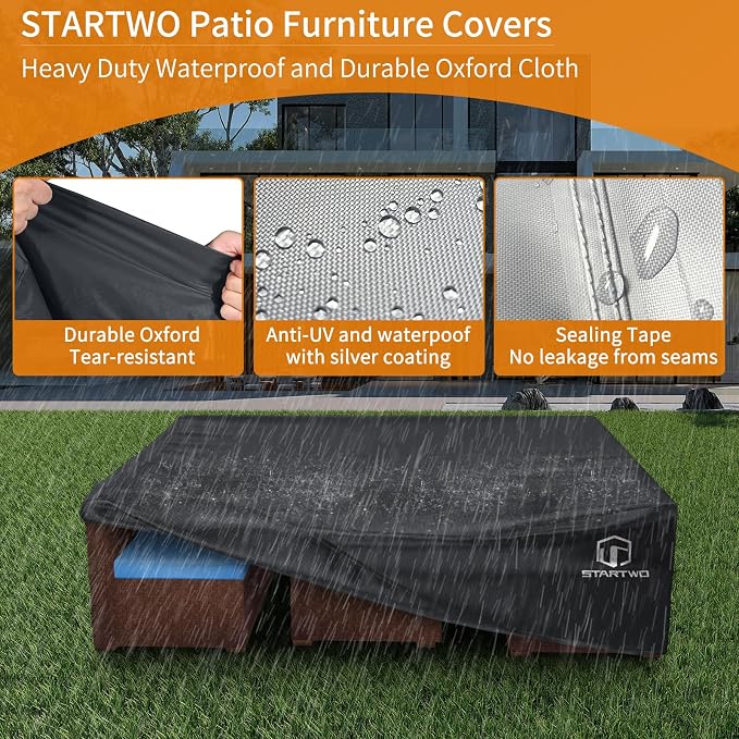 STARTWO Patio Furniture Covers Waterproof, Anti-UV 7-12 Seats Outdoor Furniture Set Cover for Sectional Sofa, Table Chairs, 126"x63"x28", Black - Image 3