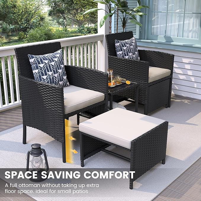 UDPATIO Outdoor Furniture Patio Chairs with Ottoman, Ideal for Balcony, Porch, 5 Piece Patio Furniture Set with Side Table for Deck, Apartment