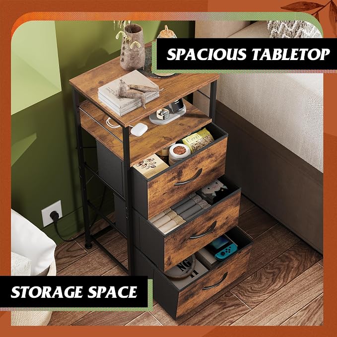 WLIVE Nightstand with Charging Station, 31.9" H Nightstand with 3 Fabric Drawers, LED Bedside Table with USB Ports and Outlets, End Table for Dorm, Bedroom, Entryway, Rustic Brown - Image 4