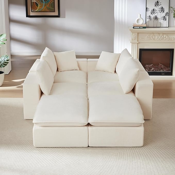 Cloud Modular Sectional Couches Boneless Sofa for Living Room, 138" Oversized U Shaped Corner Couch with Movable Ottomans, Memory Foam Compressed 6 Seater Sofa for Living Room | Plush, Wider Armrest, Free Combination