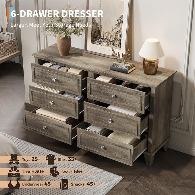 GAOMON Dresser for Bedroom, 6 Drawer Wide Dresser Storage Organizer, Modern Wooden Chest of Drawers with Metal Handles for Hallway, Entryway, Home Office, Grey - Image 4