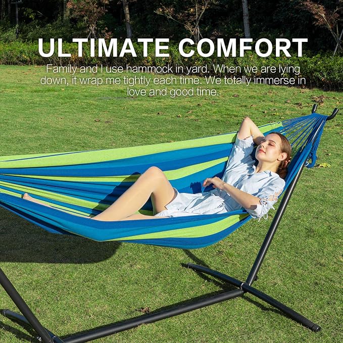 PNAEUT Double Hammocks with Stand for Outside, Portable Space Saving Heavy-Duty Steel Stand for Indoor Outdoor Patio with Sidebag, 450 lbs Capacity (Blue) - Image 2