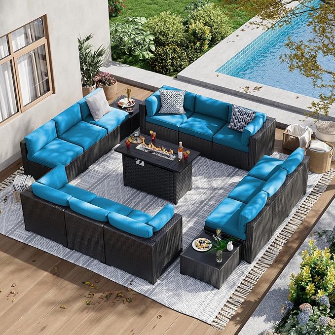Aoxun 15 Piece Patio Furniture Set with 44” Fire Pit Table, Wicker Rattan Patio Sectional Sofa, Outdoor Furniture Set with Thickened Cushion, Light Gray