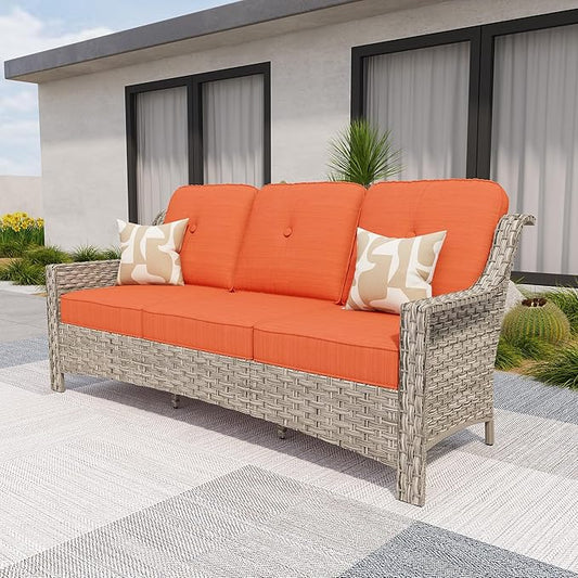HOOOWOOO Patio Couch,Outdoor Wicker 3 Seater Sofa,All Weather Resistant High Back Rattan Deck Matching Furniture(Orange Red)