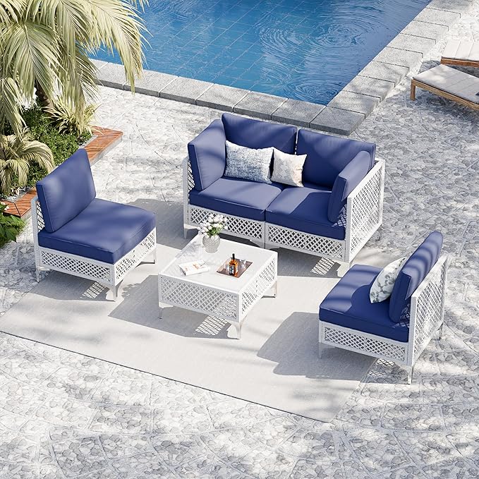Vikiullf Patio Conversation Set, 5 Piece Outdoor Sectional Sofa Set with Coffee Table, Outdoor Wicker Furniture Set, for Small Patio, Balcony