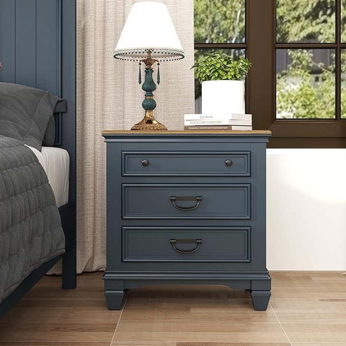 Roundhill Furniture Riverton Wood 3-Piece Bedroom Set, Shiplap Panel Queen Bed with 2 Nightstands in Slate Blue