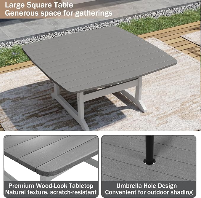 Patio Dining Table Set for 8, HDPE Outdoor Dining Set, All-Weather Outdoor Rectangular Tables and 8 Chairs, Durable Patio Furniture Set with Chairs,White Grey - Image 7