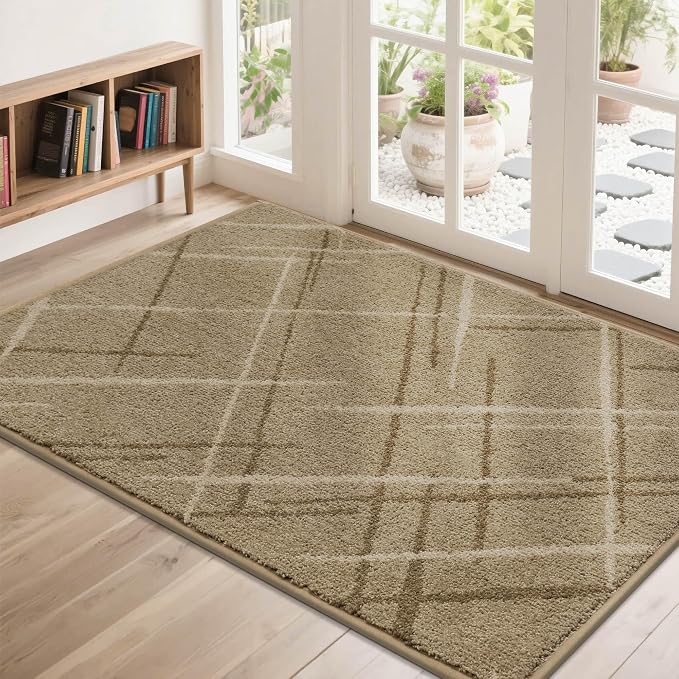 COSY HOMEER Front Door Mat Low Profile Non-Slip Doormat for Entryway, Absorbent Dirt Trapper Washable Entrance Mat, Sturdy Polyester Doormats (48"x32", Beige) by COSYHOMEER