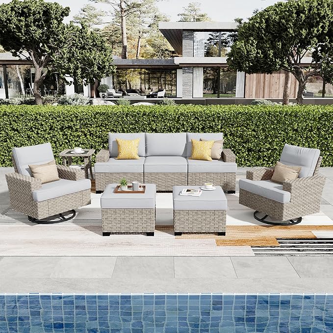 ovios 8 Piece Patio Sectional Furniture with Swivel Rocking Chairs, Rattan Wicker Coversation Set with Glowing Coffee Table, Outdoor Sofa Set for Outside Porch Balcony Backyard Pool,Light Grey