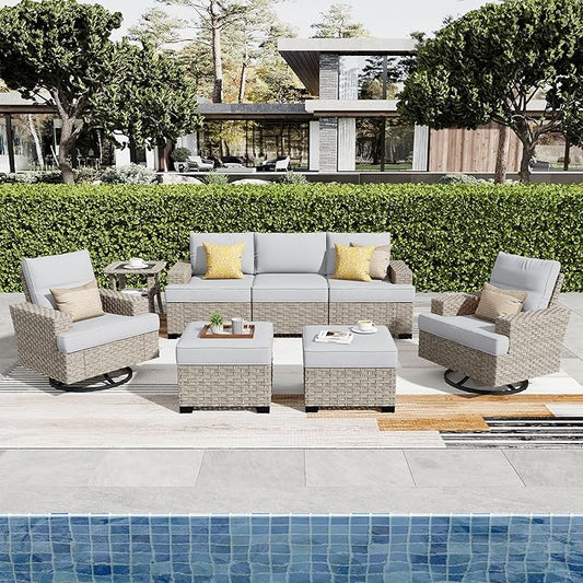 ovios 8 Piece Patio Sectional Furniture with Swivel Rocking Chairs, Rattan Wicker Coversation Set with Glowing Coffee Table, Outdoor Sofa Set for Outside Porch Balcony Backyard Pool,Light Grey