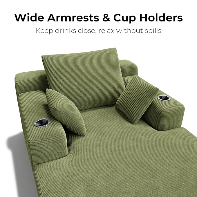 LIKIMIO 71.6" Oversized Chaise Lounge Chair Indoor, Corduroy Cloud Couch with 2 Cup Holders & Storage Pockets, No Assembly 2-in-1 Sleeper Sofa Bed, Deep Seat Reading Chair for Living Room (Green) | Chaise Lounge Indoor, OEKO‑TEX corduroy, Cup holders|s...
