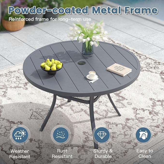 DIFY Outdoor Dining Set for 4, Patio Dining Furniture Set Includes 42" Grey Round Table with Adjustable Umbrella Hole and 4 Grey Stackable Metal Chairs for Poolside, Garden, Backyard - Image 5