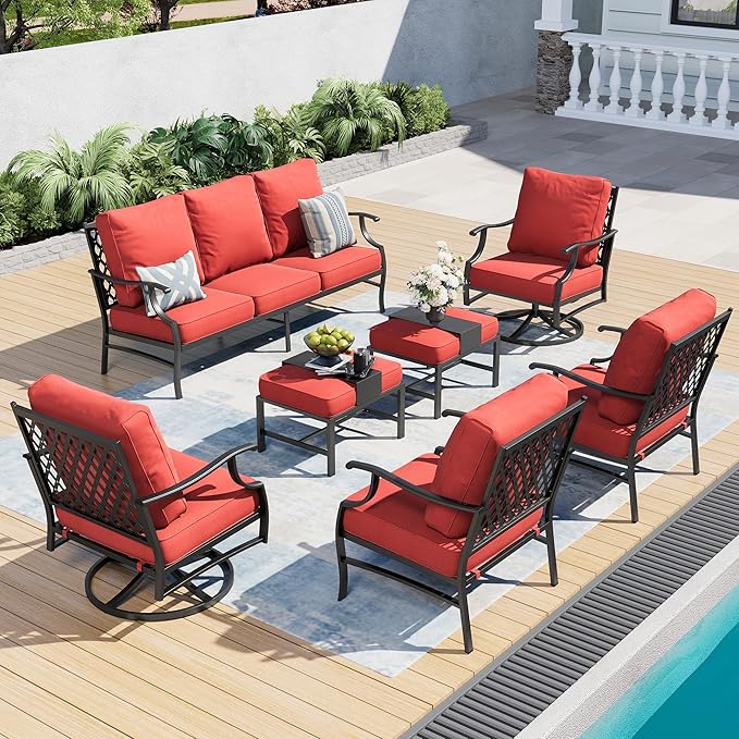 7 Piece Metal Outdoor Patio Furniture Set, Patio Conversation Sets 1 3-Seater Sofa, 2 Fixed Chairs, 2 Swivel Chairs, 2 Ottomans with 5.75" Thick Cushion, Black Backyard Furniture, Red