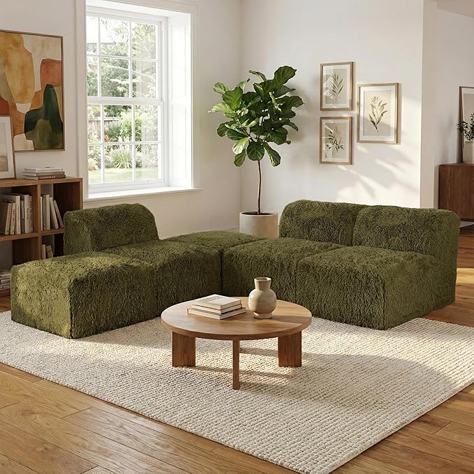 Furniture of America Havyn Modern Faux Fur 5-Seater L-Shaped Modular Armless Foam Sectional Sofa with Ottoman, Compressed Couch in a Box, No Assembly Required, for Living Room and Office, Olive Green