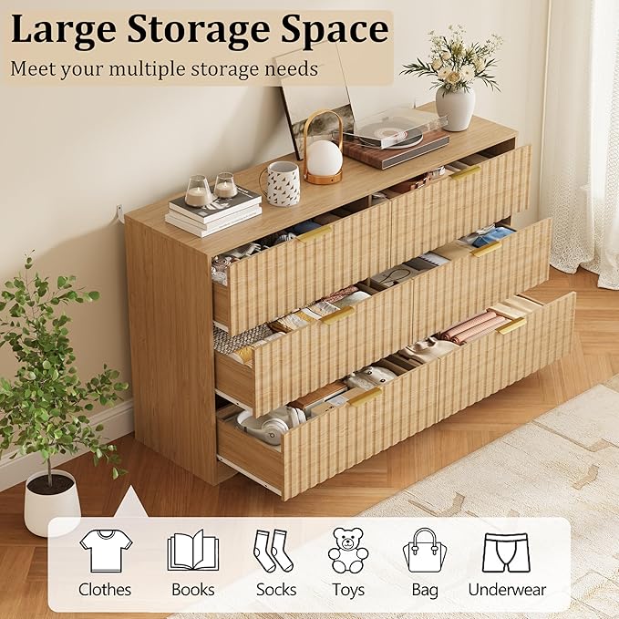6 Drawer Dresser and Nightstand Sets for Bedroom, Modern Fluted 3 Pcs Bedroom Dresser Furniture Sets, Wood Chest of Drawers and Nightstand Set of 2 with Metal Handles, Natural Oak