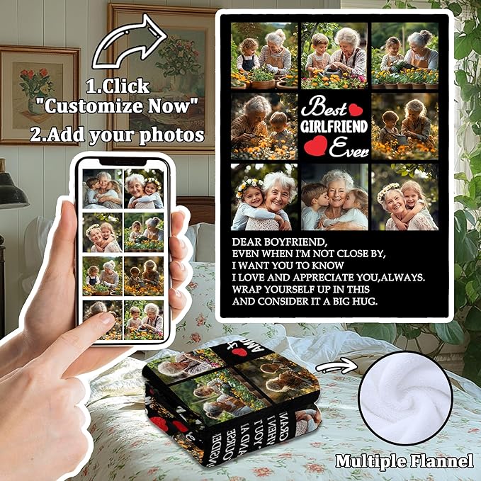 Personalized Mothers Day Birthday Gifts for Grandma from Granddaughter Grandson, Custom Blanket with Photos, Best Grandma Ever Customized Blankets with Photos