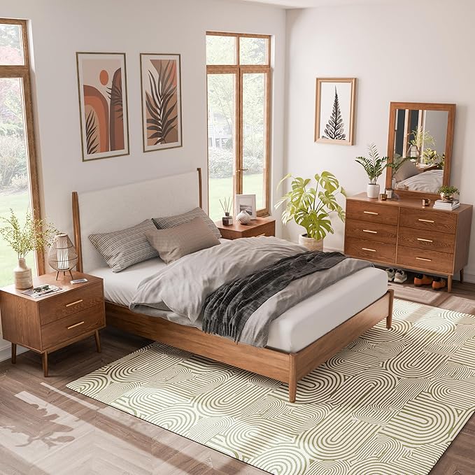 Furniture of America Wyatt Modern Solid Wood Bedroom Collection with Queen Bed Frame, Nightstands, Dresser with Mirror, No Box Spring Needed, Walnut, Boucle Platform, 5-Piece Set
