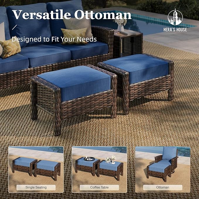 HERA'S HOUSE 8-Piece Outdoor Furniture Set with Fire Pit Table, Patio Conversation Set with 5.5-Inch Thick Cushions & High Back Swivel Chairs, All-Weather Wicker Deep Seating Sofa with Ottomans, Blue