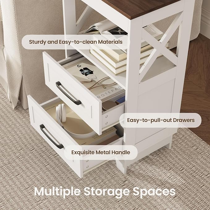 Tall Nightstand Set of 2 Side Table with 2 Drawers Modern Night Stand Wooden Rustic End Table Bedside Table with Below Open Shelf Solid Feet for Bedroom White+Walnut - Image 4