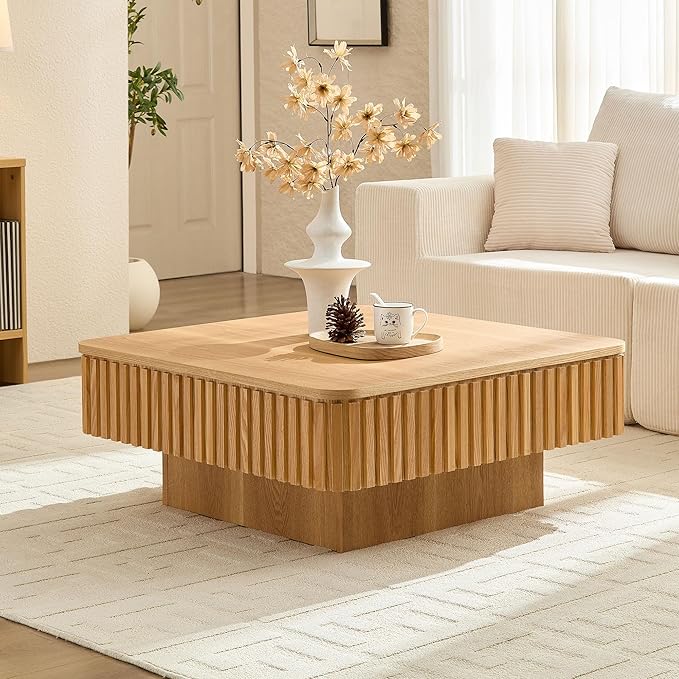 WILLIAMSPACE 35.43" Lift Top Coffee Table with Hidden Storage & Sturdy Base, Modern Luxury Square Wood Handcraft Drum Center Table Accent End Tea Table for Living Room, Minimalist Fluted Design, Oak