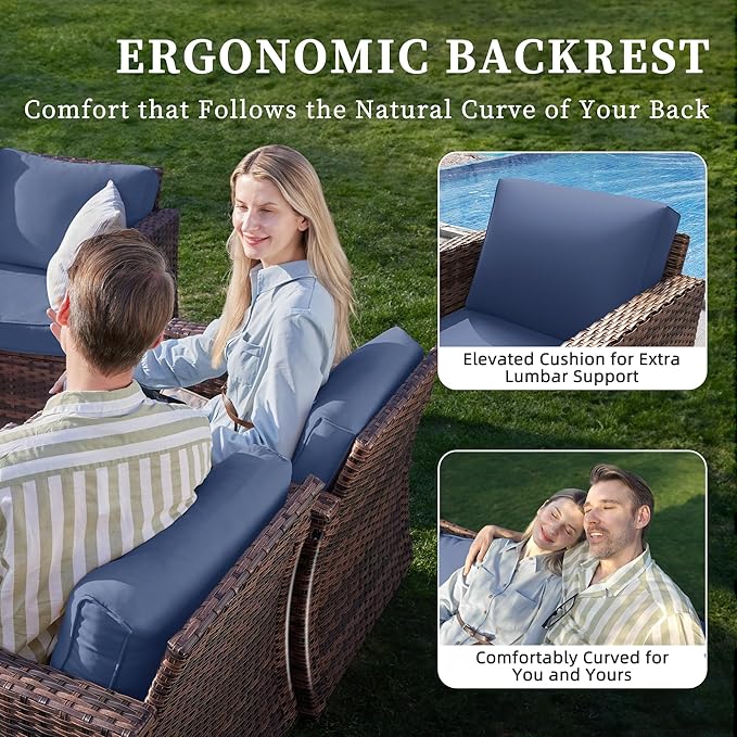 UDPATIO Patio Furniture Set, 5 Pieces Outdoor Conversation Sets with Rocking Swivel Chairs, Wicker Rattan Outdoor Sofa Set with Storage Table and Waterproof Covers for Backyard, Deck, Porch, Navy