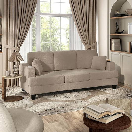 Homes: Inside + Out Reese Modern Plush Boucle Couch with Side Pockets, Cup Holders and USB Ports, Wooden Comfortable Sofa for Living Room, Bedroom and Office, Beige