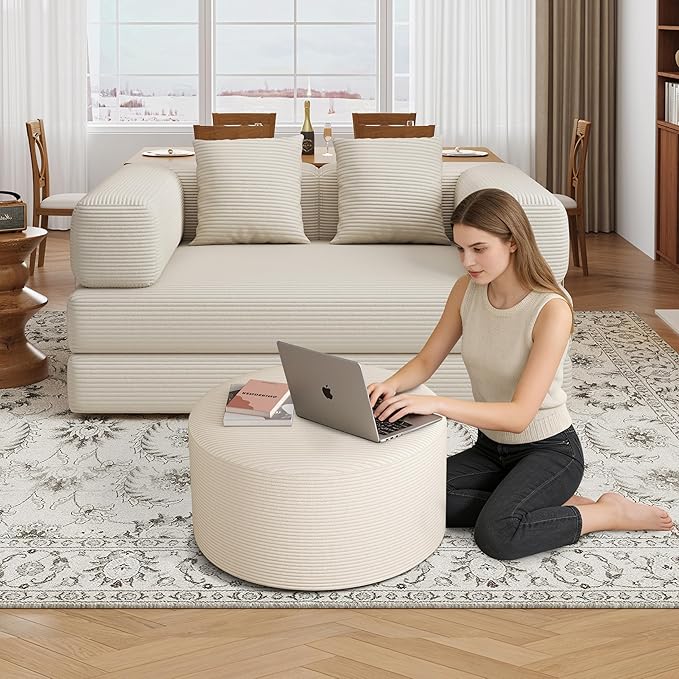 Coffee Table 32”Ottoman for Couch Plush Corduroy Memory Foam Footstool Cloud Boneless Sectional for Living Room Round Side Table Cushiong No Assembly Makeup Desk (Beige, 32")