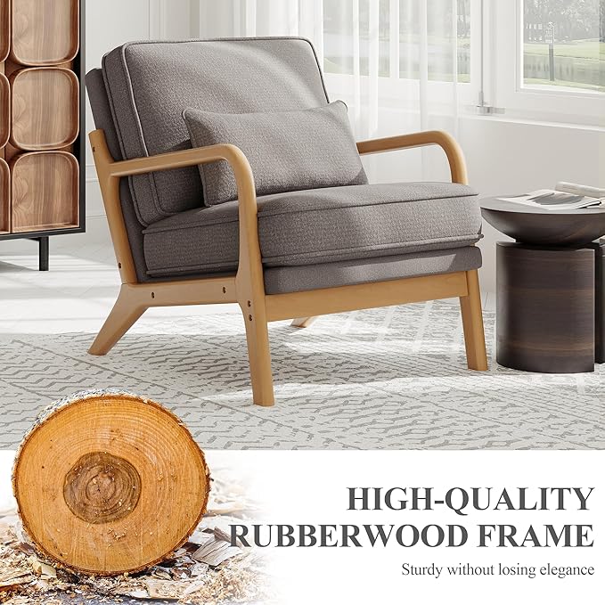 MALOL Accent Chair Set of 2 with Solid Wood Frame, Mid-Century Relaxing Armchair Lumbar Pillow& Soft Cushion, Reading Leisure Chair for Living Room, Bedroom, Waiting Room-Grey