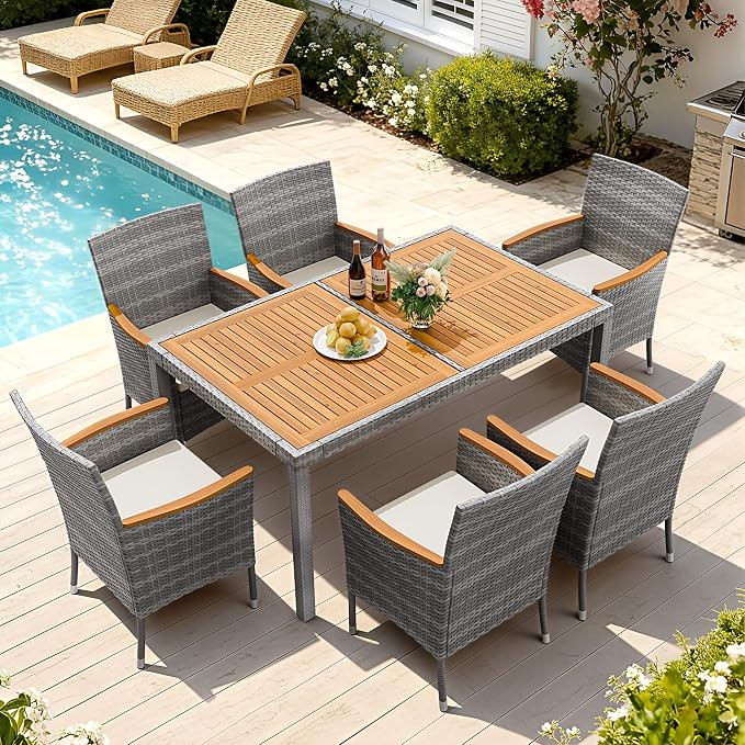 Devoko Dining 7 PCS Furniture, Patio Conversation Set with Acacia Wood Table Top, Outdoor, Beige Cushion and Grey Rattan by DEVOKO