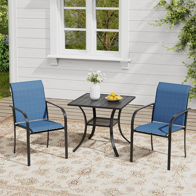VICLLAX Outdoor Dining Set for 2, Small Patio Table and Chairs Set of Stackable Patio Sling Chairs and Square Dining Table for Front Porch, Blue Fabric and Black Table by HOME