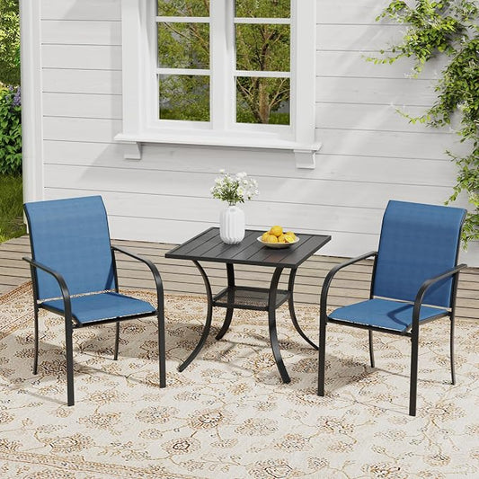 VICLLAX Outdoor Dining Set for 2, Small Patio Table and Chairs Set of Stackable Patio Sling Chairs and Square Dining Table for Front Porch, Blue Fabric and Black Table by HOME