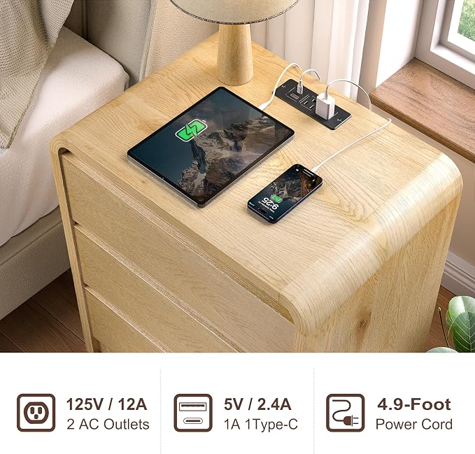 Modern Night Stand with Charging Station, 25" Tall Wood Nightstand Bedside Table with 3 Drawers & USB Ports, Mid-Century End Table for Bedroom (2, Nature Smooth, 3 Drawers) - Image 4