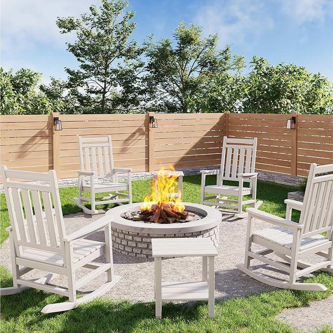 Garvee HDPE Rocking Chair Outdoor Set of 4 with 2 Side Table - Poly High Back Porch Rocker Chairs for Adults - All Weather Resistant Furniture for Patio Front Porch - White by Garvee