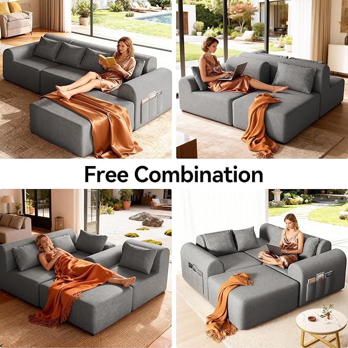105.5" Cloud Boneless Sectional Sofa with Ottoman & 4 Pillows, L-Shaped 4-Seater Modular Couch for Living Room, Ultra Deep Seat Chenille Fabric Sofa, No Assembly Required, Light Grey