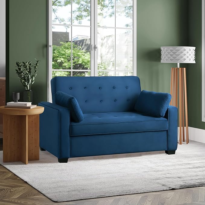 Serta Ainsley 66.5" Convertible Sleeper Loveseat, Full Size, Dreamcoil Comfort, Soft Velvet Fabric, Navy