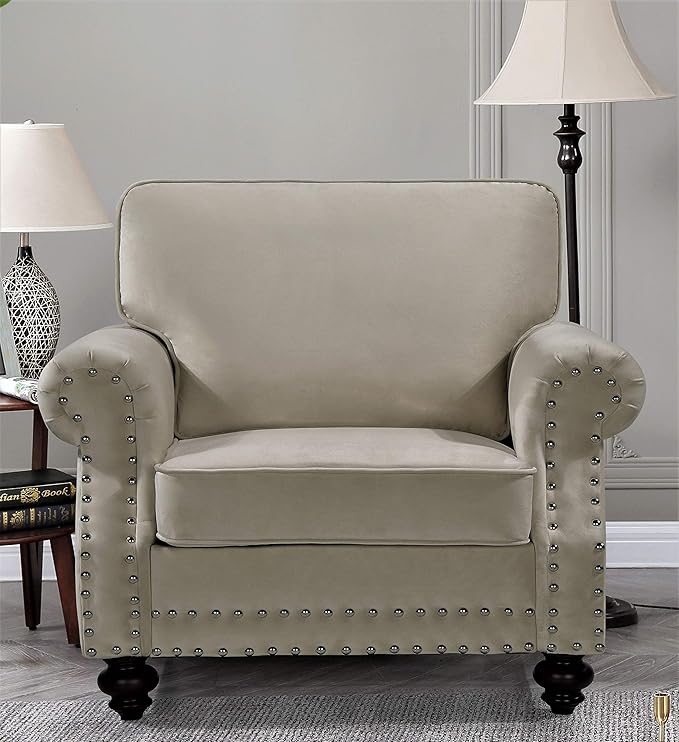Lotus Mid Century Modern Velvet Upholstered Living Room Rolled Arms, Chair, Loveseat and Sofa, Ivory