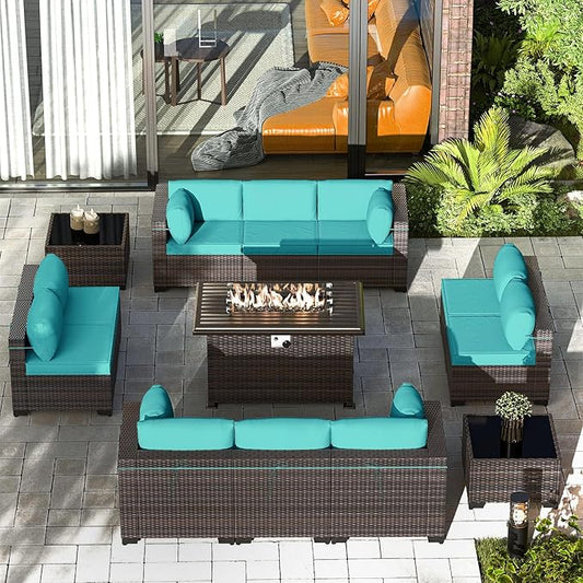 Gotland 13 Pieces Patio Furniture Set with Fire Pit Table, All Weather PE Rattan Outdoor Furniture with 29.5'' High Backrest 4’’ Thick Cushions Coffee Table, Patio Conversation Set for Deck, Blue