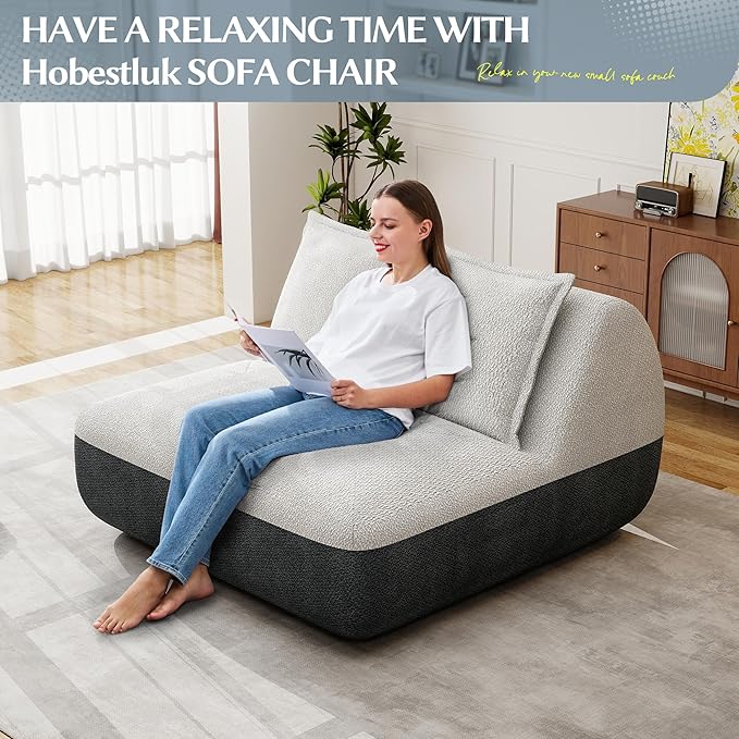 Hobestluk Small Couches for Small Spaces,42” Mini Loveseat Sofa 2-Seater Armless Sofa Chair with Side Pocket for Living Room,Bedroom,Dorm,Office (Grey+Beige)
